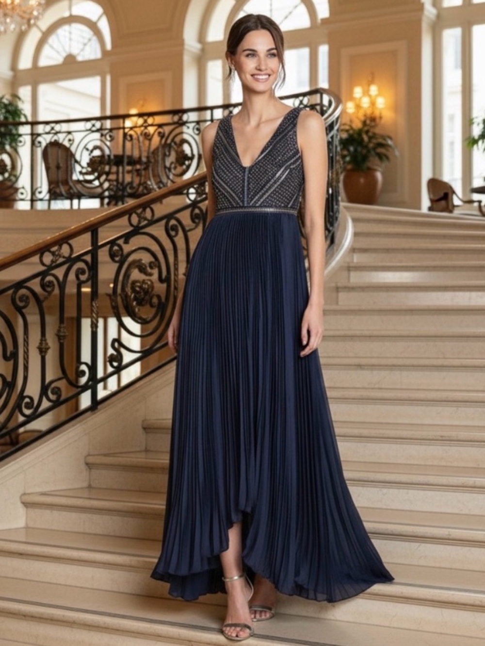 Adrianna Papell Eyelet Lace Pleated High/Low Evening Gown, Midnight Navy, Size 6